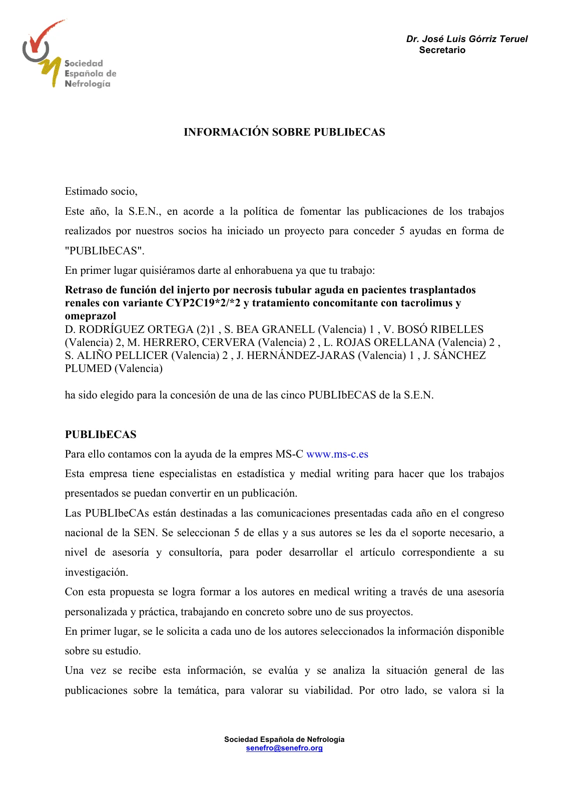 Documento de concesión de la Publibeca de la Sociedad Española de Nefrología al trabajo de Diego Rodríguez Ortega y colaboradores