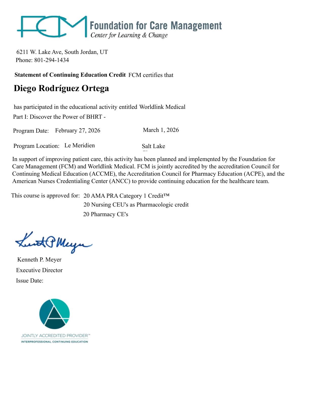 Certificado WorldLink Medical Parte I a nombre de Diego Rodríguez Ortega