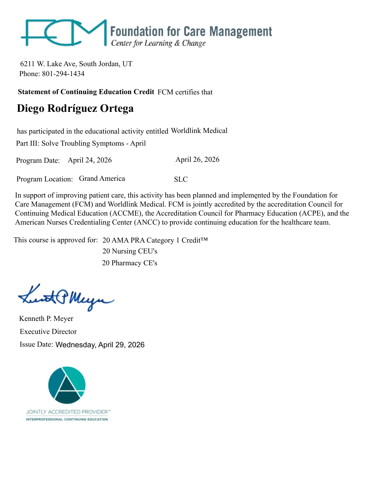 Certificado WorldLink Medical Parte III a nombre de Diego Rodríguez Ortega
