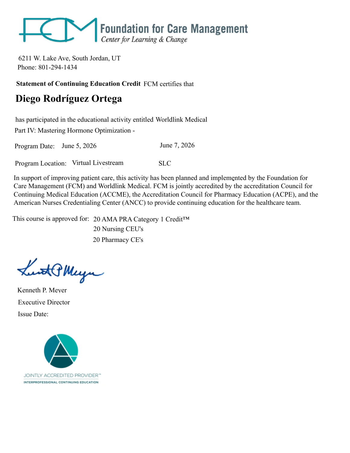 Certificado WorldLink Medical Parte IV a nombre de Diego Rodríguez Ortega